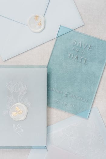 Blaue Papeterie mit Menü, Hochzeitseinladung, Tischkarten